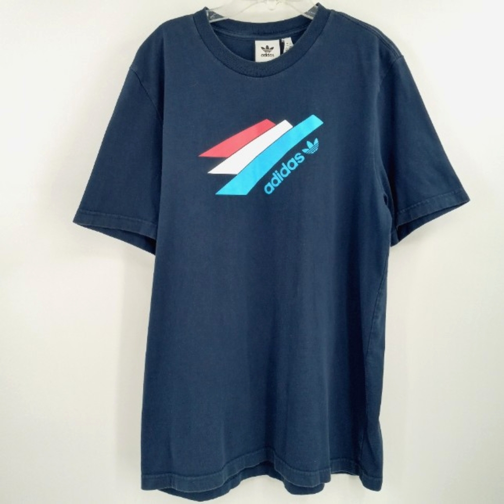 Adidas Trefoil T-Shirt Men's L Navy Three Stripe Brand Spellout Graphic Relaxed